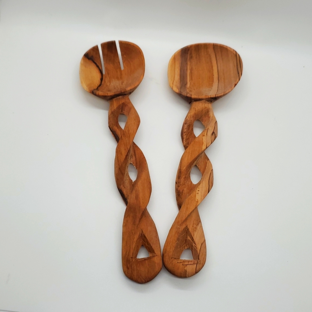 Olive Wood braided handle serving set hand carved Global Crafts Fair Tra…
